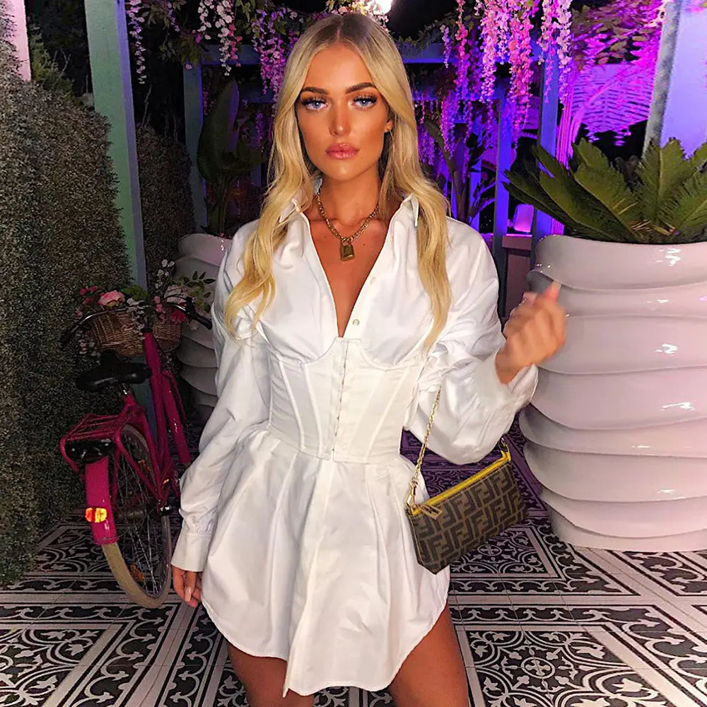 Deep V Neck Ruffled Waist Shirt Dress for Women