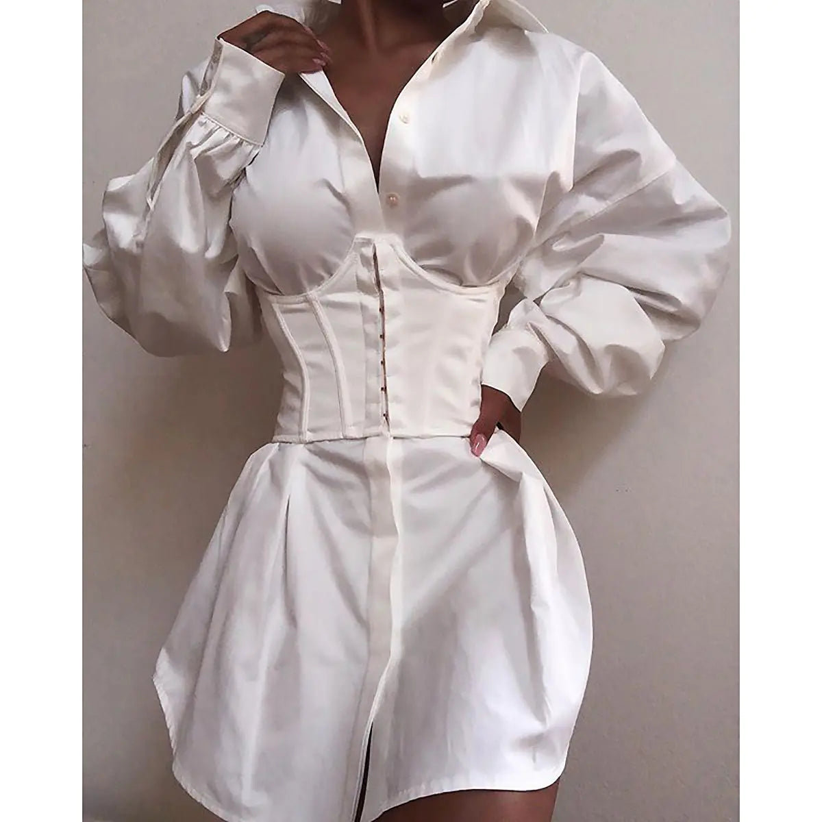 Deep V Neck Ruffled Waist Shirt Dress for Women