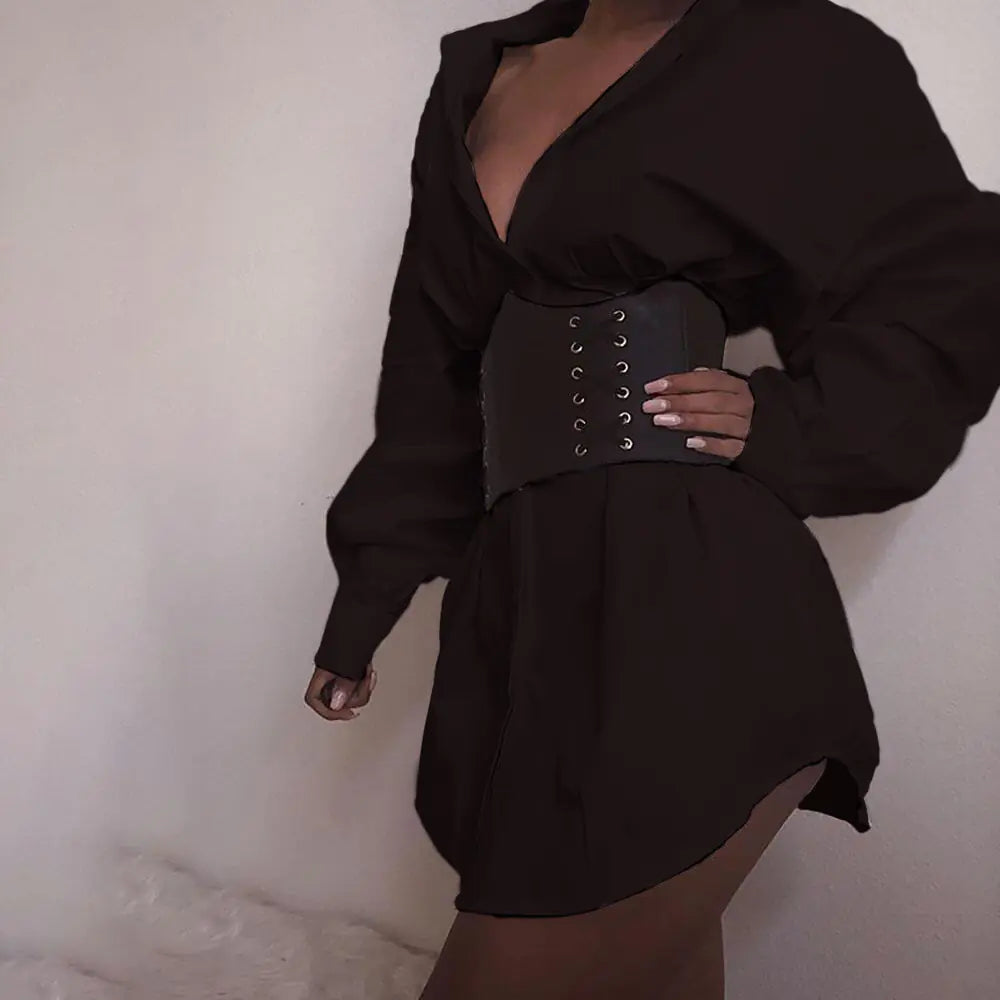 Deep V Neck Ruffled Waist Shirt Dress for Women