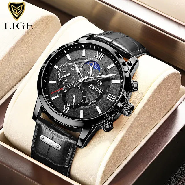 LIGE Top Brand Luxury Leather Casual Quartz