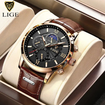 LIGE Top Brand Luxury Leather Casual Quartz