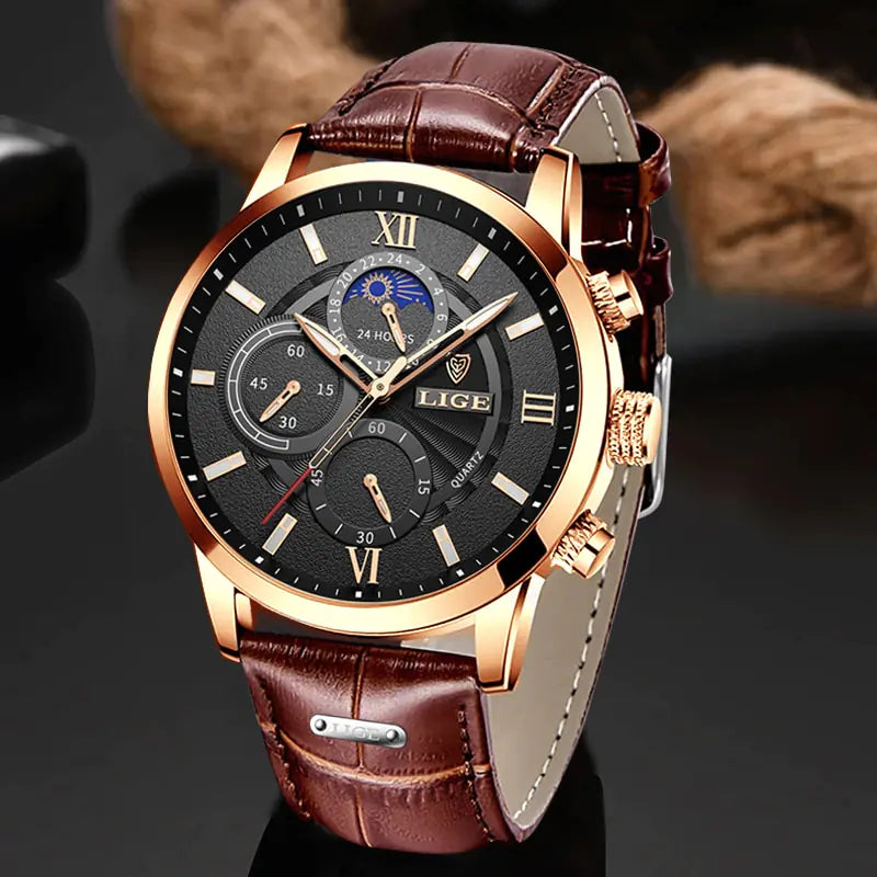 LIGE Top Brand Luxury Leather Casual Quartz